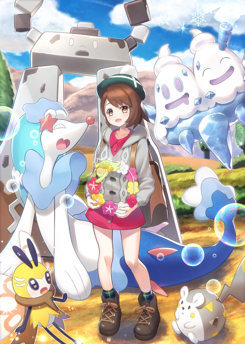 1girl :d ^_^ backpack bag blue_sky boots brown_eyes brown_footwear brown_hair cardigan closed_eyes cloud cloudy_sky collared_dress comfey commentary_request day dress drooling flower flower_wreath gen_5_pokemon gen_7_pokemon gen_8_pokemon gloria_(pokemon) green_headwear grey_cardigan hat highres hood hood_down hooded_cardigan kaina_(tsubasakuronikuru) long_sleeves looking_at_viewer mountain mouth_drool open_mouth outdoors pink_dress plaid plaid_legwear pokemon pokemon_(creature) pokemon_(game) pokemon_swsh primarina purple_flower red_flower ribombee short_hair sky smile socks standing stonjourner tam_o'_shanter togedemaru vanilluxe white_flower yellow_flower