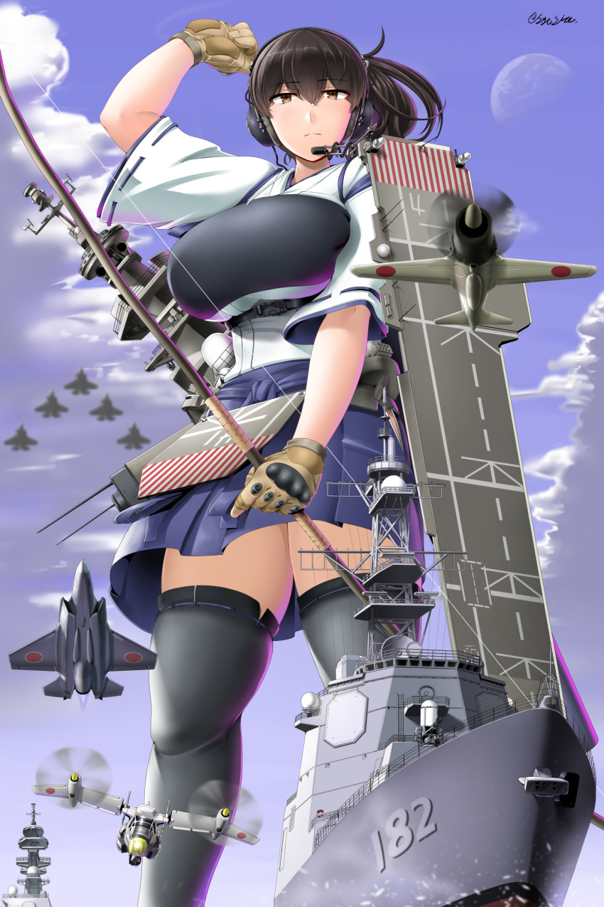 1girl a6m_zero blue_skirt breasts brown_eyes brown_gloves brown_hair duplicate f-35_lightning_ii from_below giant giantess gloves highres japanese_clothes kaga_(jmsdf) kaga_(kantai_collection) kantai_collection large_breasts mirai_(zipang) moon muneate ocean outdoors remodel_(kantai_collection) saizu_nitou_gunsou short_hair side_ponytail skirt sky solo thighhighs vtol wide_sleeves zipang_(kawaguchi_kaiji)