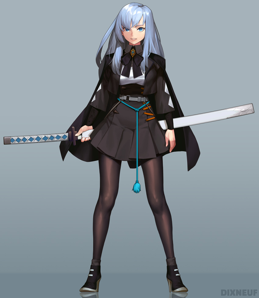 1girl ankle_boots belt black_cape black_skirt blue_eyes blue_hair boots cape commentary eirashard english_commentary full_body hand_on_hilt high_heel_boots high_heels highres katana long_hair long_sleeves neck_ribbon original pantyhose parted_lips ribbon sheath sheathed skirt solo standing sword unsheathing weapon