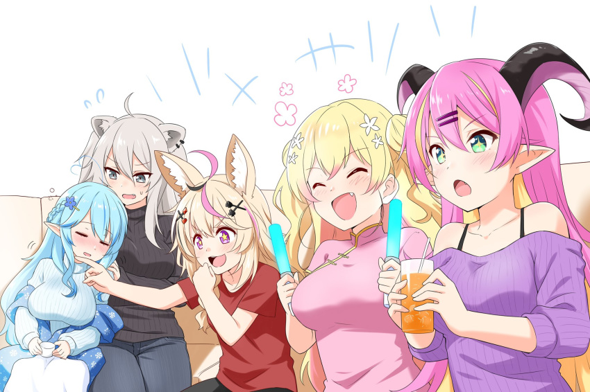 5girls ^_^ ^o^ ahoge alternate_costume animal_ears black_bra black_hair black_pants black_sweater blonde_hair blue_eyes blue_robe blue_sweater blush bra bra_strap braid breasts casual china_dress chinese_clothes clenched_hand closed_eyes club_hair_ornament commentary couch demon_horns demon_tail diamond_hair_ornament dress drink drinking_straw eyebrows_visible_through_hair fang felutiahime flower fox_ears french_braid gaijin_4koma glowstick hair_between_eyes hair_flower hair_ornament hairclip heart heart_ahoge heart_hair_ornament highres holding holding_drink holding_glowstick holofive hololive horns leaning_on_person lion_ears long_hair mano_aloe medium_breasts medium_hair momosuzu_nene multicolored_hair multiple_girls off-shoulder_sweater off_shoulder omaru_polka open_mouth pants parody pink_dress pink_hair pointing pointy_ears purple_eyes purple_sweater red_shirt ribbed_sweater shirt shishiro_botan short_sleeves side_braid silver_eyes silver_hair simple_background single_braid sitting sleeping smile snowflake_print spade_hair_ornament sparkling_eyes star-shaped_pupils star_(symbol) streaked_hair sweatdrop sweater symbol-shaped_pupils tail turtleneck turtleneck_sweater two_side_up underwear virtual_youtuber white_background yukihana_lamy