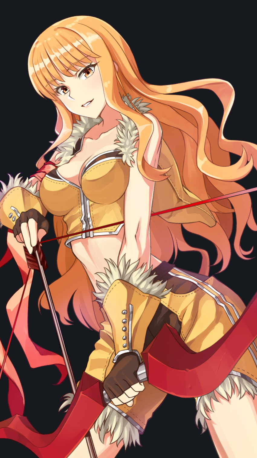 1girl armband arrow_(projectile) bangs black_background blonde_hair blush bow_(weapon) breasts brown_gloves brown_shirt cecil_damon commentary cowboy_shot crop_top drawing_bow eyebrows_visible_through_hair fingerless_gloves fur-trimmed_gloves fur-trimmed_shirt fur_trim gloves highres holding holding_bow_(weapon) holding_weapon ike_masato long_hair looking_at_viewer medium_breasts midriff parted_lips ragnarok_online shirt short_shorts shorts simple_background sniper_(ragnarok_online) solo standing two-tone_gloves two-tone_shirt weapon yellow_eyes yellow_gloves yellow_shirt yellow_shorts
