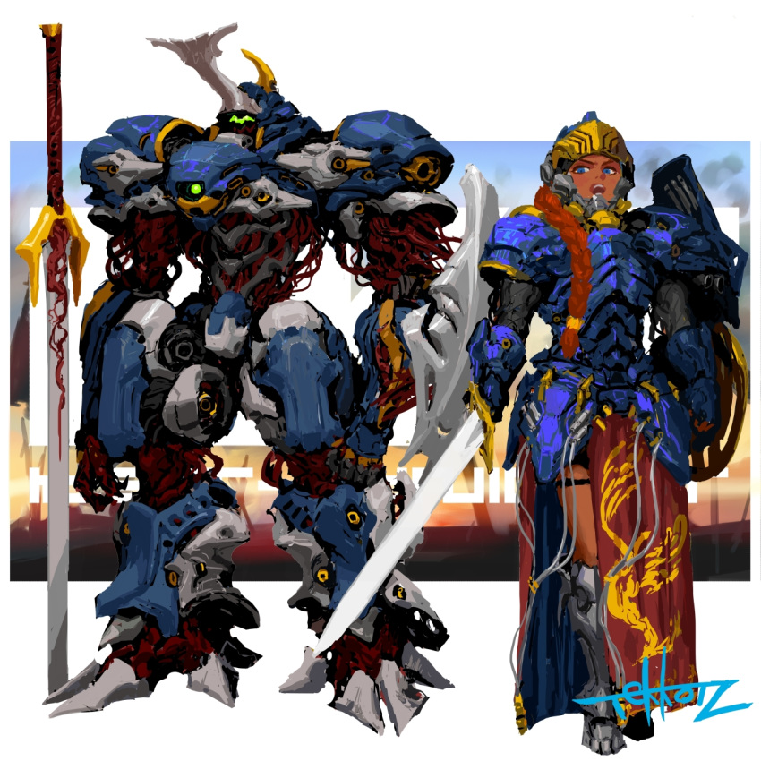 1girl 1other armor armored_boots blue_eyes boots commentary dark_skin dark_skinned_female english_commentary fantasy faulds full_armor hair_over_shoulder helmet highres holding holding_sword holding_weapon knight long_braid long_hair long_skirt mecha mechanization open_mouth original pauldrons planted_sword planted_weapon red_hair red_skirt rhinoceros_beetle shield shoulder_armor side_slit signature skirt sword tekkotsu_(tekkotz) visor weapon