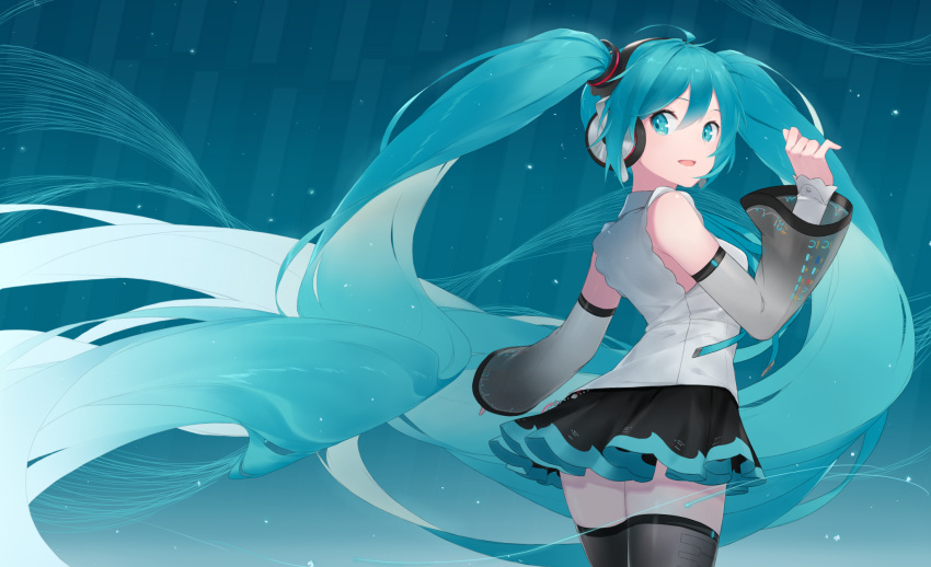 1girl bangs black_skirt blue_eyes blue_hair detached_sleeves eyebrows_behind_hair fhang from_behind grey_legwear grey_sleeves hair_between_eyes hatsune_miku headphones highres long_hair long_sleeves looking_at_viewer looking_back pleated_skirt shirt sidelocks skirt sleeveless sleeveless_shirt sleeves_past_wrists solo standing thighhighs very_long_hair vocaloid white_shirt wide_sleeves zettai_ryouiki