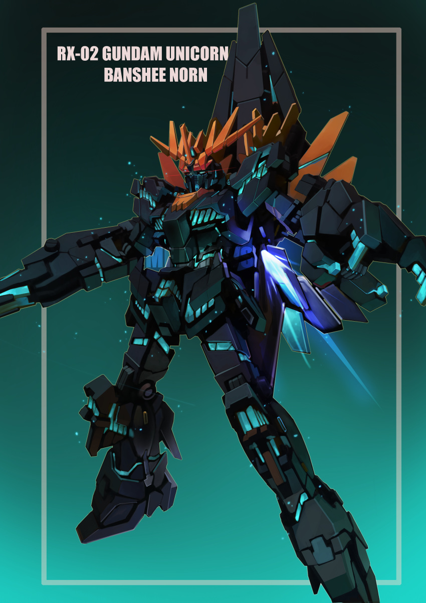 absurdres aqua_eyes brayanong999 character_name claw_(weapon) floating glowing glowing_eyes gundam gundam_unicorn highres looking_ahead mecha no_humans nt-d science_fiction solo thrusters unicorn_gundam_banshee v-fin weapon