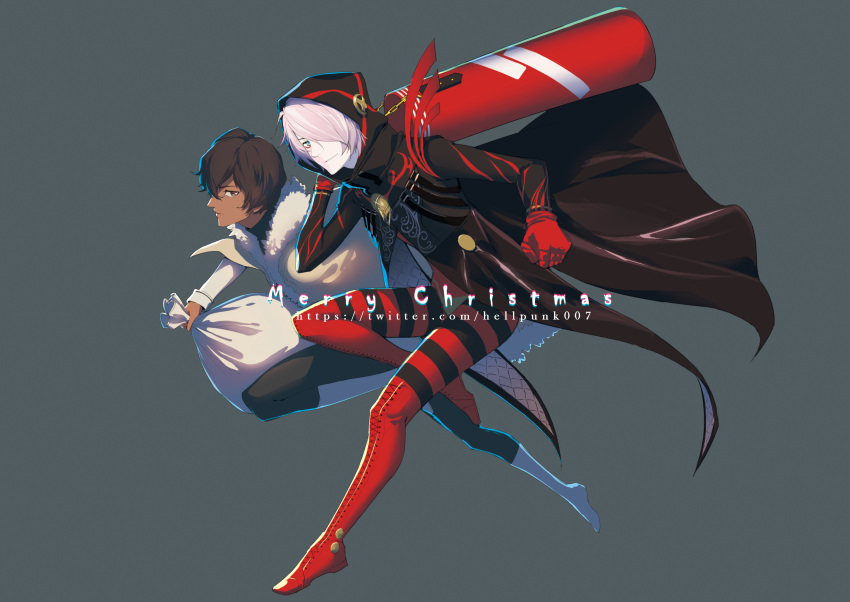 2boys absurdres arjuna_(fate/grand_order) bag black_coat black_hair boots coat colored_skin cross-laced_footwear crotch_plate dark_skin dark_skinned_male eyeshadow fate/grand_order fate_(series) floating gloves green_eyes hair_over_one_eye highres holding holding_bag hood hood_up karna_(fate) karna_(santa)_(fate) lace-up_boots looking_at_viewer makeup male_focus merry_christmas multiple_boys red_footwear red_gloves short_hair thigh_boots thighhighs tsurime white_hair white_skin