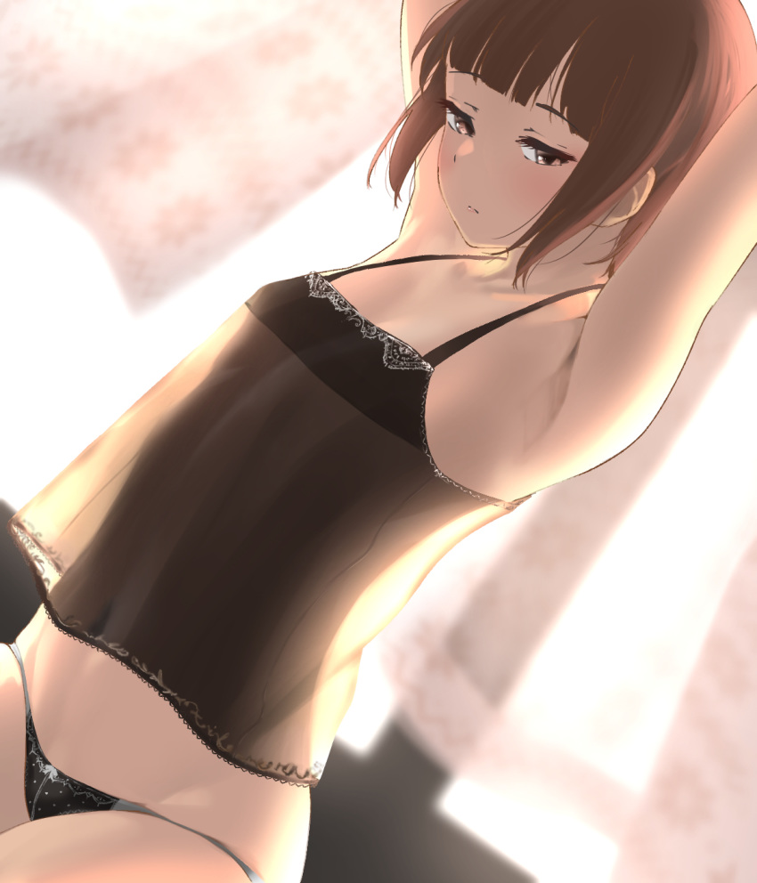 1girl armpits arms_up babydoll bangs black_panties blush brown_eyes brown_hair commentary_request curtains dutch_angle eyebrows_visible_through_hair flat_chest groin highres kantai_collection lingerie looking_at_viewer navel panties see-through shoes short_hair solo tama_(seiga46239239) underwear underwear_only z3_max_schultz_(kantai_collection)