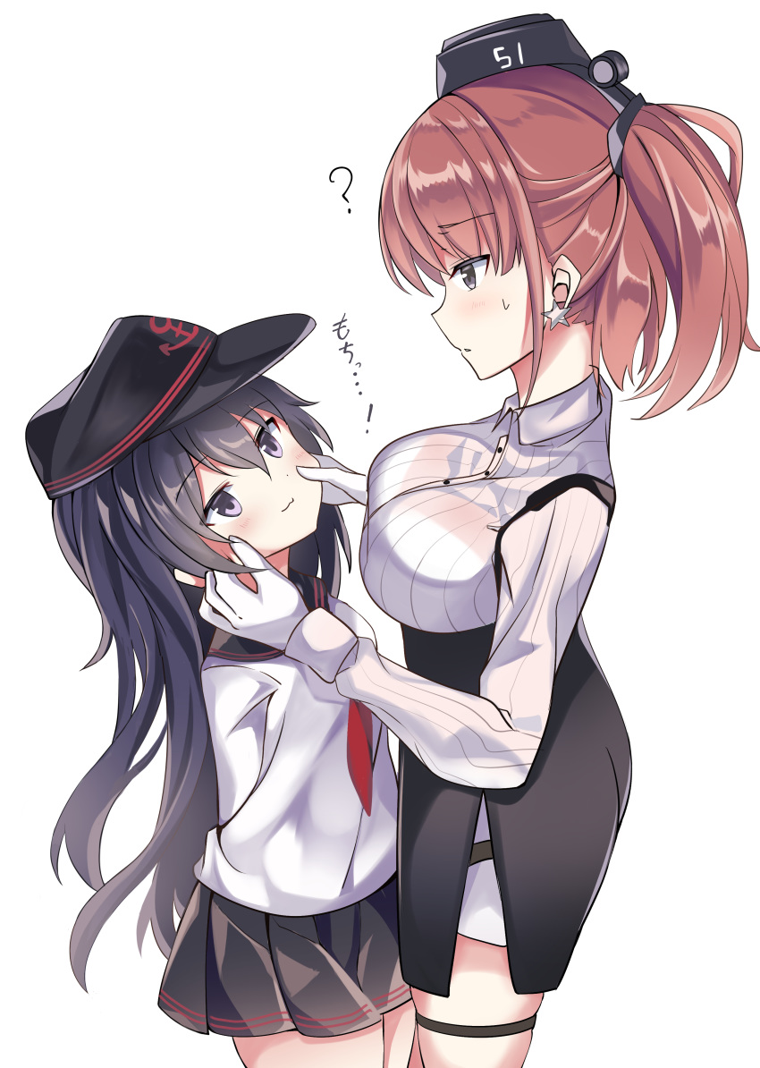 2girls ? absurdres akatsuki_(kantai_collection) anchor_hair_ornament anchor_symbol atlanta_(kantai_collection) black_hair black_headwear black_sailor_collar black_skirt breasts brown_hair cheek_pinching commentary_request dress_shirt earrings eye_contact eyebrows eyebrows_visible_through_hair fathom flat_cap garrison_cap grey_eyes hair_between_eyes hair_ornament hat height_difference high-waist_skirt highres jewelry kantai_collection large_breasts long_hair long_sleeves looking_at_another multiple_girls neckerchief pinching purple_eyes red_neckwear remodel_(kantai_collection) sailor_collar school_uniform serafuku shirt simple_background skirt star_(symbol) star_earrings thigh_strap two_side_up white_background white_shirt