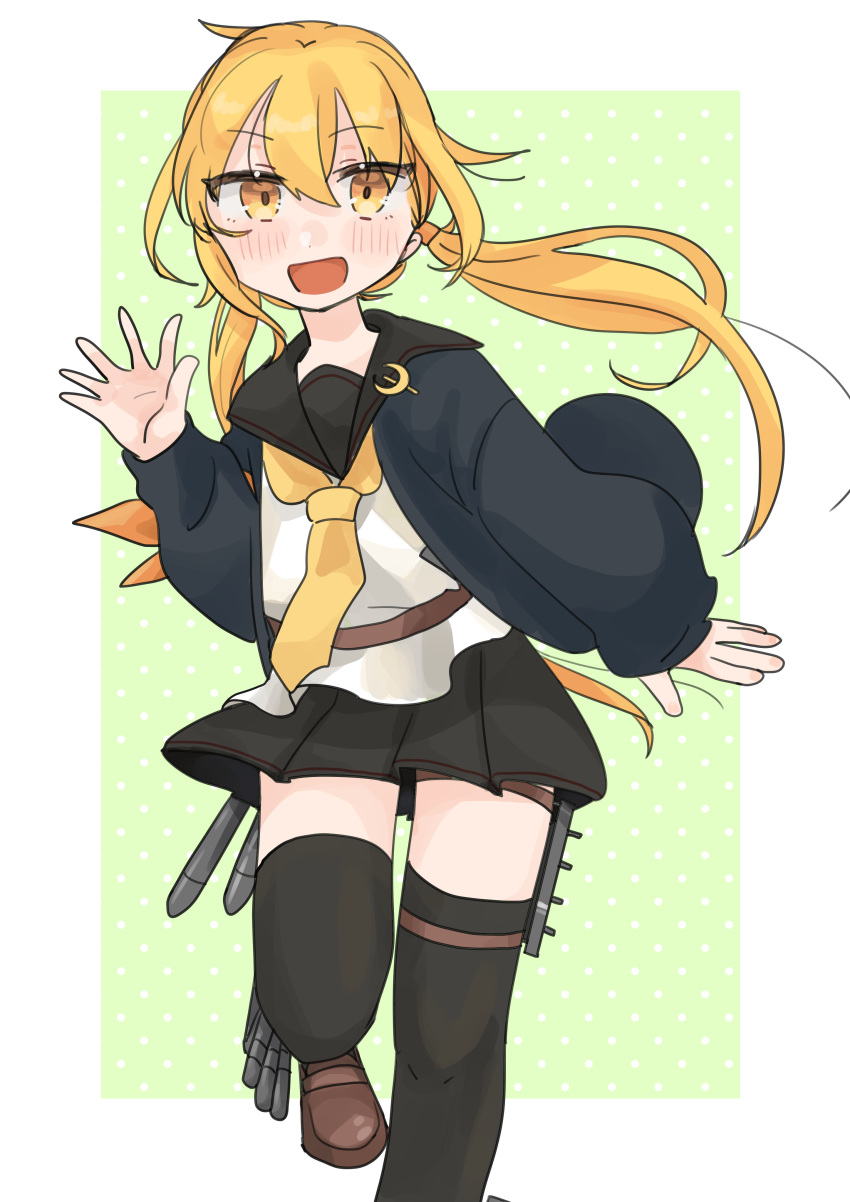 1girl absurdres armband badge black_legwear black_serafuku black_skirt blonde_hair blue_jacket blush brown_footwear button_badge crescent crescent_moon_pin eyebrows_visible_through_hair highres jacket kantai_collection kosame_(iso) long_hair long_sleeves looking_at_viewer neckerchief open_mouth remodel_(kantai_collection) satsuki_(kantai_collection) school_uniform serafuku simple_background skirt smile solo thighhighs twintails waving yellow_eyes yellow_neckwear