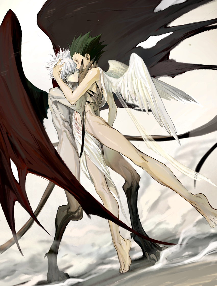 2boys absurdres angel angel_wings black_hair black_nails blood blood_from_mouth blood_on_leg blood_sucking blue_eyes brown_eyes child convenient_censoring demon_boy demon_tail demon_wings digitigrade feathered_wings fingernails full_body gon_freecss highres hunter_x_hunter k.g_(matsumoto_zo) killua_zoldyck male_focus messy_hair monsterification multiple_boys nude pale_skin sharp_fingernails sharp_toenails short_hair silver_hair skinny spiked_hair spread_wings sucking tail talons toenails white_hair wings