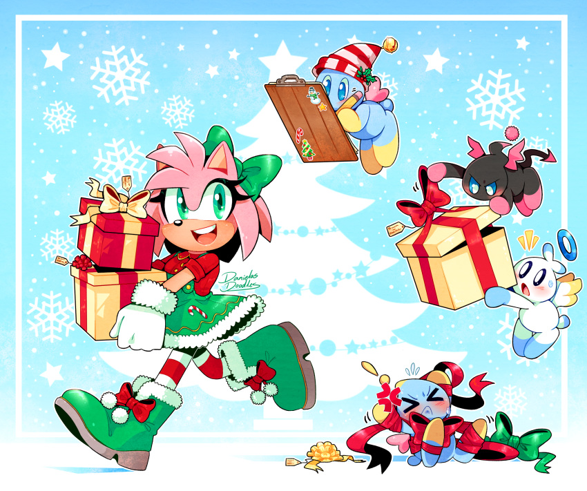 2020 accessory ambiguous_gender amy_rose anthro blue_eyes boots chao_(sonic) christmas clothing danielasdoodles eulipotyphlan eyes_closed female flying footwear gift gloves green_eyes group hair_accessory hair_bow hair_ribbon handwear hedgehog hi_res holding_object holidays mammal open_mouth open_smile ribbons signature smile sonic_the_hedgehog_(series) teeth video_games walking wings