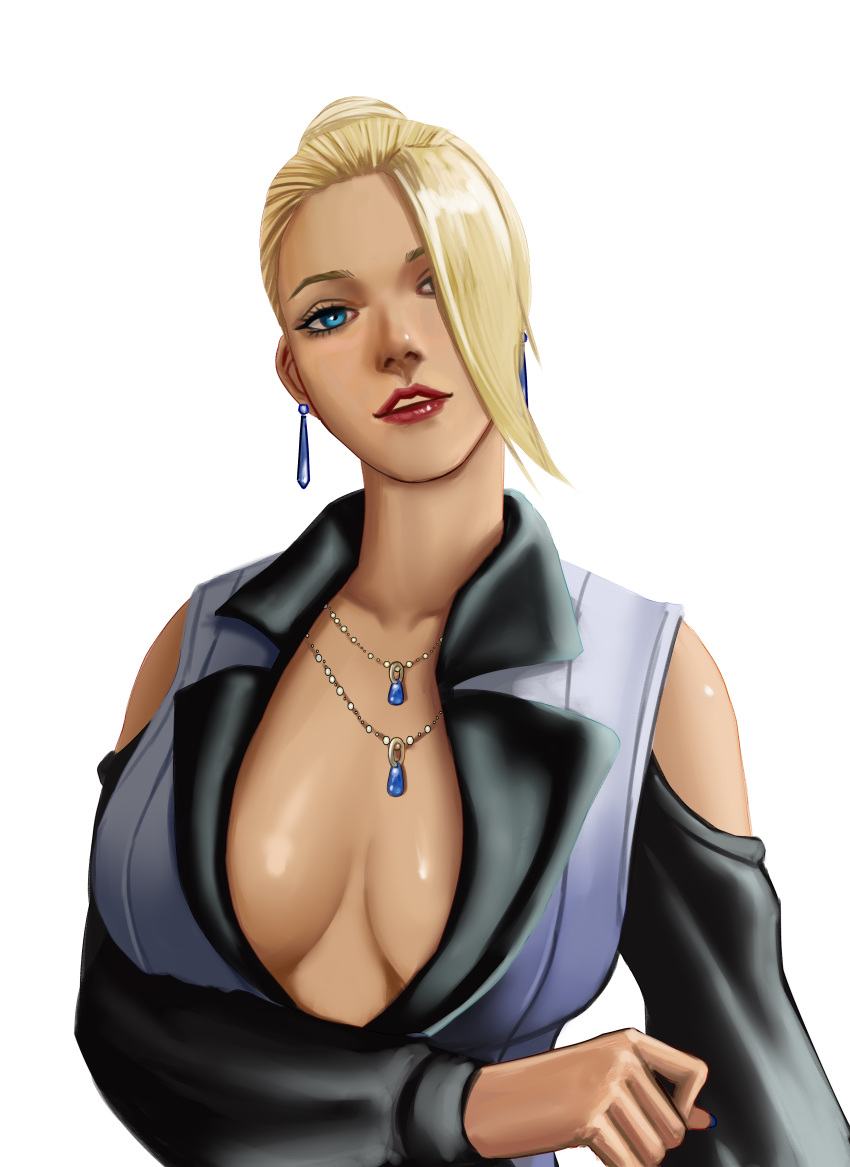 1girl absurdres backlighting blonde_hair blue_eyes booger_wang breasts cleavage clothing_cutout commentary_request detached_sleeves earrings forehead hair_bun hair_over_one_eye head_tilt highres huge_breasts jewelry lips lipstick looking_at_viewer makeup mature_(kof) necklace no_bra nose short_hair shoulder_cutout solo the_king_of_fighters updo white_background