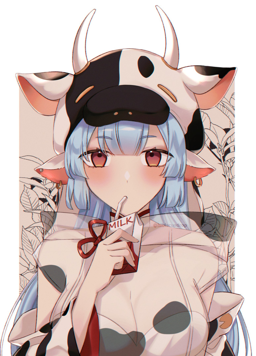 1girl animal_ears animal_print bangs blunt_bangs breasts collarbone commentary cow_ears cow_girl cow_hood cow_horns cow_print detached_sleeves draph drinking ear_piercing eyebrows_visible_through_hair granblue_fantasy highres horns large_breasts looking_at_viewer milk piercing red_eyes shatola_(granblue_fantasy) sheer_clothes solo tana_(tanabio) twitter_username upper_body