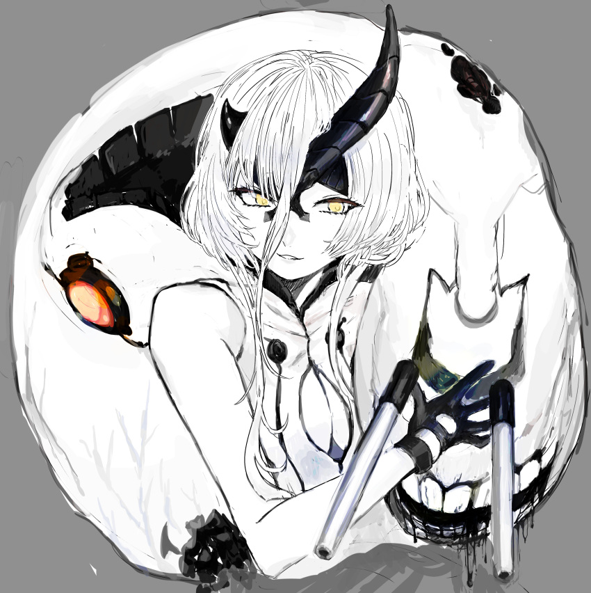 1girl absurdres abyssal_ship asymmetrical_horns bangs black_gloves breasts cleavage colored_skin gloves grey_background hagioshi hair_between_eyes heavy_cruiser_princess highres hood horns kantai_collection pale_skin parted_lips short_hair_with_long_locks simple_background sketch sleeveless solo teeth turret upper_body white_hair white_skin yellow_eyes