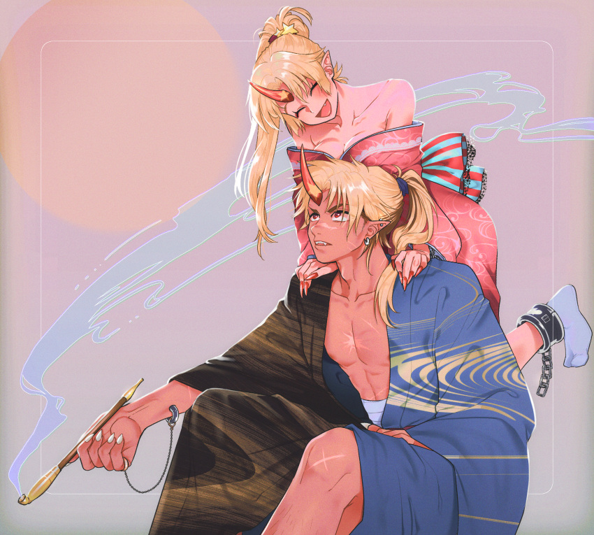 1boy 1girl alternate_hairstyle arm_piercing blonde_hair blue_kimono blue_legwear breasts chain cleavage closed_eyes collarbone commentary cuffs dual_persona ear_piercing earrings fang feet_out_of_frame fingernails genderswap genderswap_(ftm) grey_background hair_ornament hand_on_own_thigh hands_on_another's_shoulders hanten_(clothes) head_tilt highres holding holding_pipe horns hoshiguma_yuugi japanese_clothes jewelry kimono kiseru large_breasts leaning_on_person looking_up mito_(mo96g) muscular muscular_male nail_polish off-shoulder_kimono open_mouth piercing pink_kimono pinky_ring pipe pointy_ears ponytail red_eyes red_nails rising_sun scar scar_on_chest scar_on_face scar_on_leg shackles sharp_fingernails sharp_teeth single_horn sitting smoke star_(symbol) star_hair_ornament sun_(symbol) sunburst tabi teeth touhou