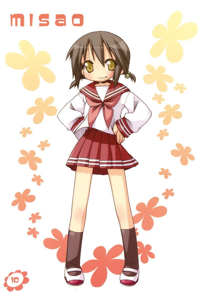 absurdres artist_request brown_hair fang highres kusakabe_misao lucky_star pink_neckwear ryouou_school_uniform school_uniform serafuku short_hair solo twintails yellow_eyes