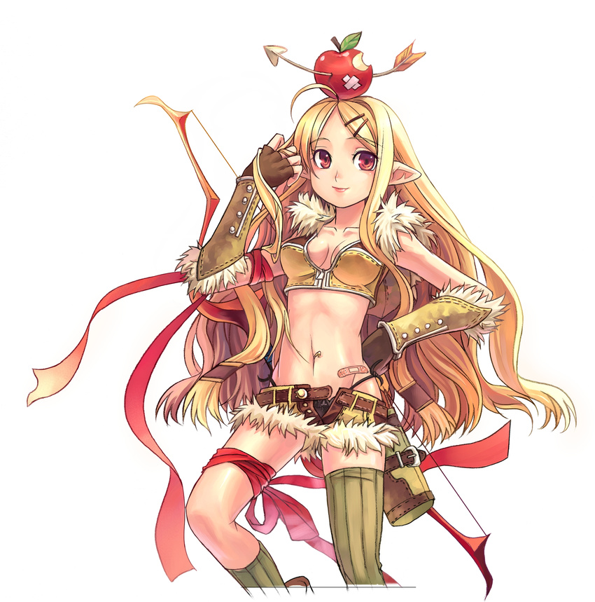 absurdres apple apple_o_archer arrow artist_request blonde_hair bow_(weapon) breasts cleavage crop_top fingerless_gloves food food_as_clothes fruit gloves hand_on_hip hat highres long_hair medium_breasts navel open_fly panties pointy_ears ragnarok_online red_eyes ribbon side-tie_panties simple_background single_thighhigh sniper_(ragnarok_online) solo source_request striped striped_legwear thighhighs underwear unzipped vertical-striped_legwear vertical_stripes weapon