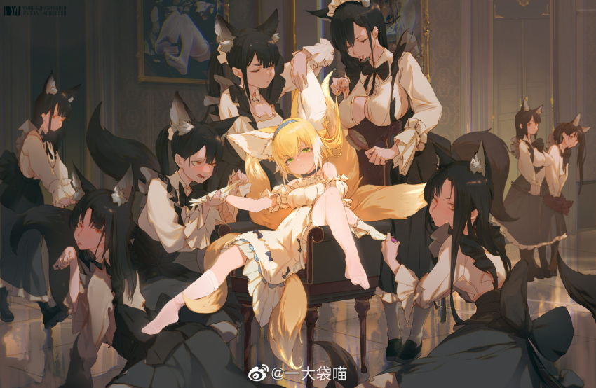 6+girls animal_ear_fluff animal_ears arknights black_hair blonde_hair blue_bow blue_choker blue_hairband bow breasts chair chinese_commentary choker cleavage closed_eyes closed_mouth dress drooping extra_ears feather_duster fox_ears fox_tail gloves green_eyes hairband highres indoors kitsune large_breasts long_hair maid mansion multiple_girls multiple_tails open_mouth orange_eyes picture_frame pixiv_id purple_eyes red_eyes sitting socks spread_legs suzuran_(arknights) tail tile_floor tiles watermark web_address weibo_username white_dress white_gloves white_legwear yi_dadai_miao