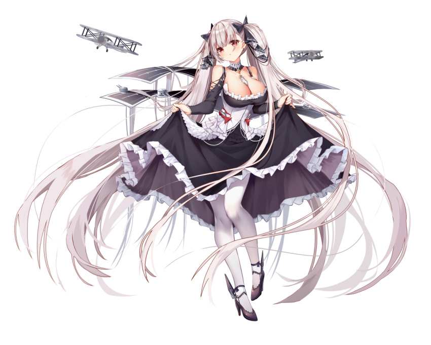 1girl aircraft airplane azur_lane bare_shoulders black_bow black_dress black_footwear blush bow breasts cleavage collarbone commentary_request corset detached_collar detached_sleeves dress earrings flight_deck formidable_(azur_lane) frilled_dress frills full_body hair_bow high_heels jewelry large_breasts long_sleeves looking_at_viewer pantyhose parted_lips red_eyes silver_hair skirt_hold solo stud_earrings transparent_background twintails white_legwear zhao_(pixiv12947327)