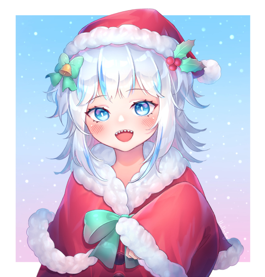 1girl :d bangs bell blue_eyes blue_hair blush border bow capelet christmas commentary fur-trimmed_capelet fur-trimmed_headwear fur-trimmed_jacket fur_trim gawr_gura gradient_hair green_bow hair_bell hair_bow hair_ornament hand_up hat highres hololive hololive_english jacket lacieon long_hair long_sleeves looking_at_viewer multicolored_hair open_mouth red_capelet red_headwear santa_costume santa_hat sharp_teeth sleeves_past_wrists smile solo streaked_hair teeth upper_body upper_teeth virtual_youtuber white_border