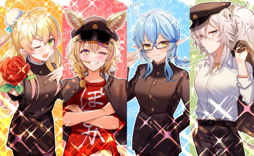 4girls ahoge animal_ears blonde_hair blue_hair braid bun_cover crossed_arms dega1028 fang flower fox_ears gakuran glasses grey_hair grin hat hololive jacket jacket_on_shoulders jacket_over_shoulder lion_ears long_hair momosuzu_nene multiple_girls omaru_polka one_eye_closed pointy_ears rose school_uniform shishiro_botan smile sparkle virtual_youtuber yukihana_lamy