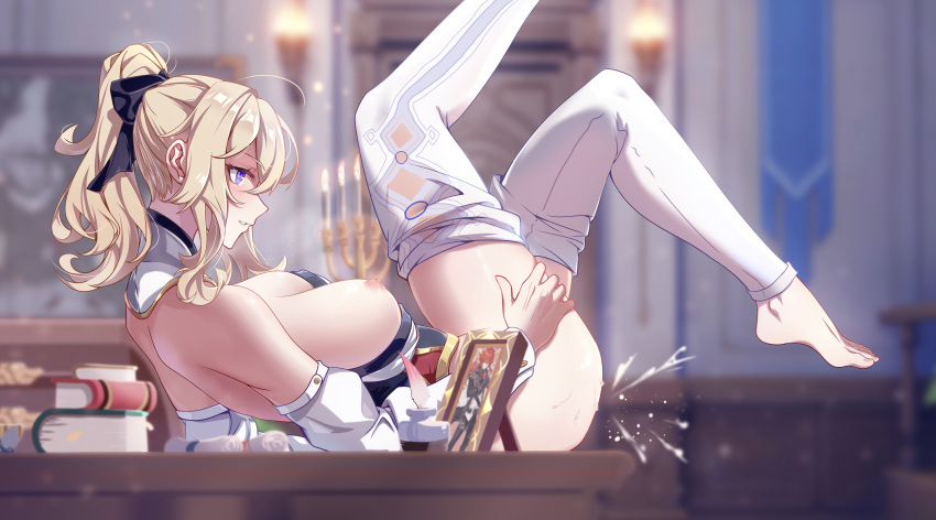 1boy 1girl absurdres bare_shoulders barefoot blonde_hair blue_eyes blush book breasts breasts_outside candle detached_sleeves diluc_(genshin_impact) feet from_side full_body genshin_impact highres huiqian indoors jean_gunnhildr large_breasts legs_up long_sleeves lying masturbation nipples on_back on_table pants pants_pull parted_lips photo_(object) picture_frame ponytail red_hair solo_focus table toes white_legwear