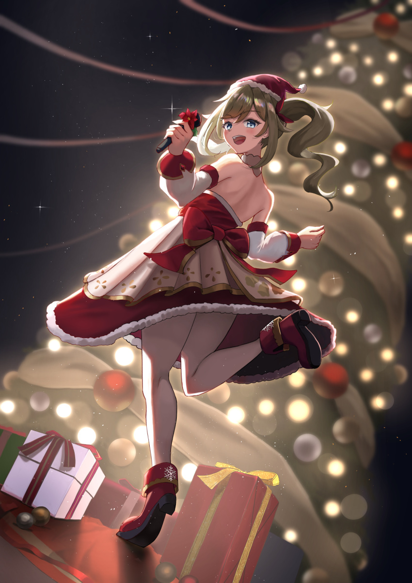 1girl :d alternate_costume back barbara_(genshin_impact) bare_shoulders blonde_hair blue_eyes bow christmas christmas_tree detached_sleeves dress drill_hair full_body genshin_impact gift highres idol leg_up long_sleeves merry_christmas microphone open_mouth pantyhose red_dress smile solo twin_drills twintails white_legwear yuki-sky