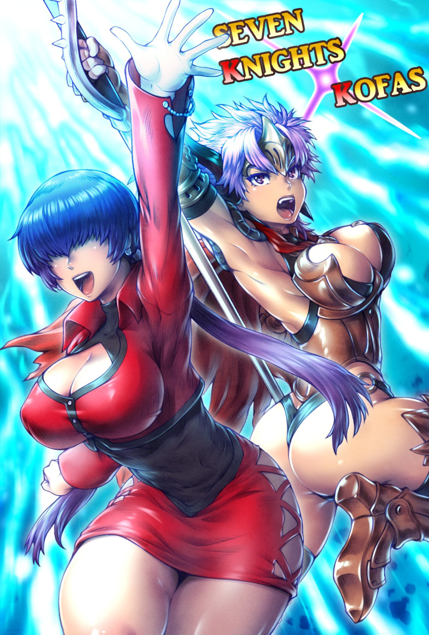 armor cape cleavage_cutout clothing_cutout cropped_jacket dark_persona eileen_(seven_knights) electricity full_body greaves hair_over_eyes headpiece highres kuroshio_(zung-man) lipstick makeup orochi_shermie pink_eyes polearm purple_hair red_cape red_eyes seven_knights shermie_(kof) short_hair snk spear split_ponytail standing standing_on_one_leg the_king_of_fighters the_king_of_fighters_all-stars weapon