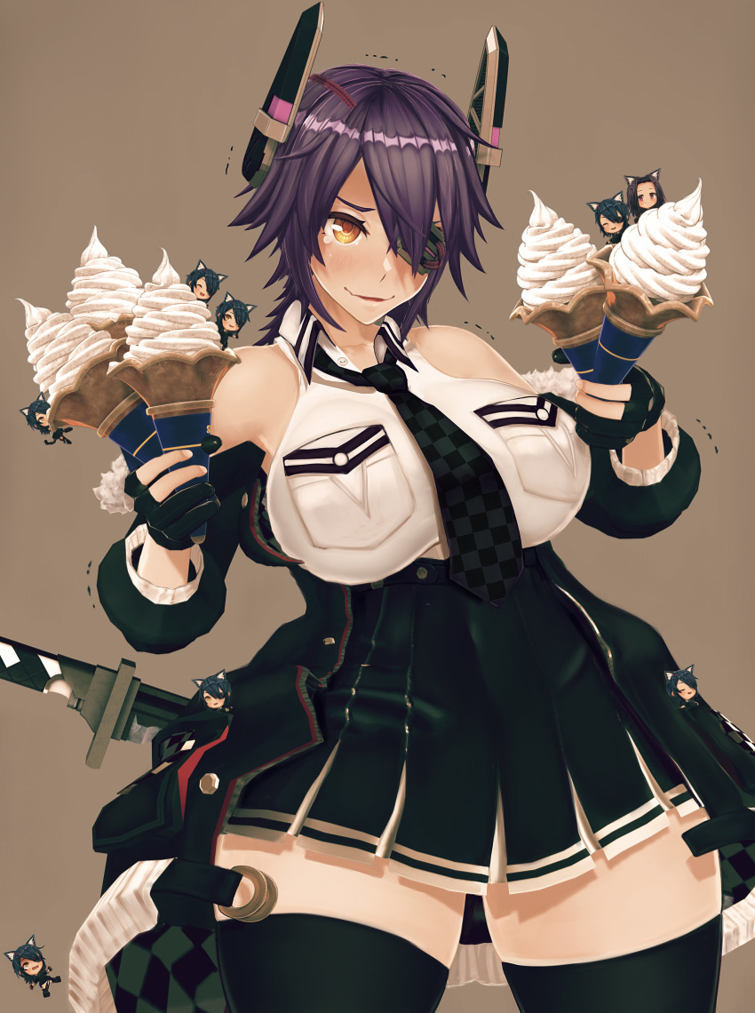 6+girls absurdres black_gloves black_hair black_jacket black_legwear black_skirt breast_pocket breasts checkered checkered_neckwear eyepatch ffkw food gloves highres ice_cream ice_cream_cone jacket kantai_collection large_breasts multiple_girls multiple_persona necktie off_shoulder partially_fingerless_gloves pleated_skirt pocket shirt short_hair skirt sleeveless sleeveless_shirt solo sword symbol_commentary tatsuta_(kantai_collection) tenryuu_(kantai_collection) thighhighs too_many weapon white_shirt wide_hips yellow_eyes
