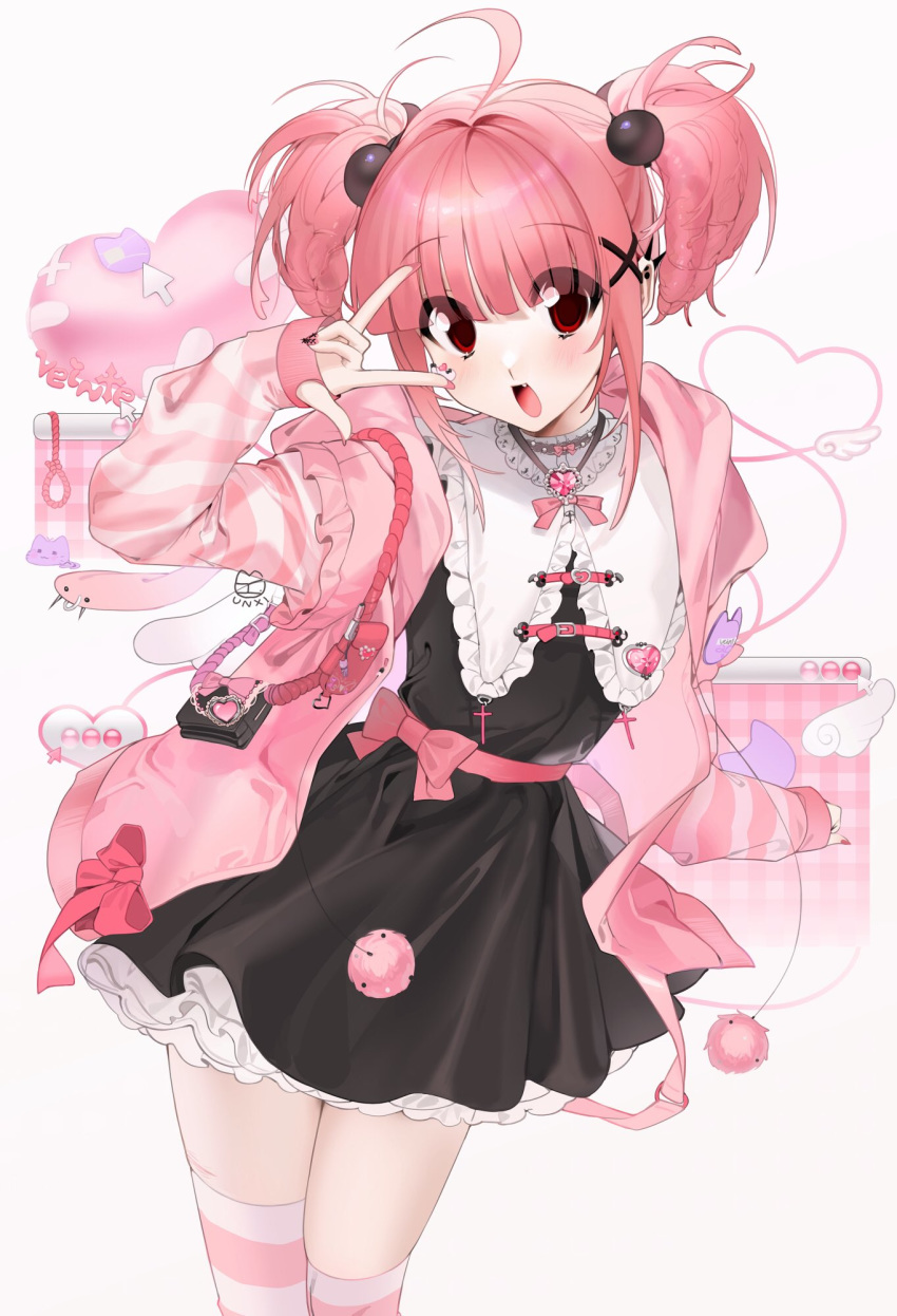 1girl \m/ ahoge angel_wings animal_ears bag bandaid bandaid_on_cheek black_dress blush bow buckle bunny_ears character_name collared_dress dress ear_piercing eyebrows_visible_through_hair eyes_visible_through_hair fake_animal_ears fang frilled_hoodie frills gingham hair_bobbles hair_ornament heart heart_buckle heart_of_string highres hime_cut hood hoodie intestine_hair jewelry knees_up lace latin_cross lolita_fashion nail_art name_tag noose open_mouth original pearl_(gemstone) pendant piercing pink_bow pink_hair pink_legwear pink_nails pointer red_eyes scar shoulder_bag sidelocks signature sleeves_past_wrists striped striped_legwear twintails unxi veinte white_legwear wings x_hair_ornament