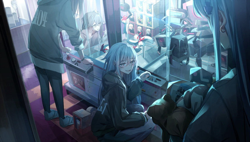 4girls crane_game dinergate_(girls_frontline) doll earrings g11_(girls_frontline) girls_frontline hair_ornament highres hk416_(girls_frontline) jewelry long_hair loose_clothes loose_shirt miyabino_(miyabi1616) multiple_girls parka robot shirt smile stuffed_toy t-shirt ump45_(girls_frontline) ump9_(girls_frontline) white_hair yellow_eyes