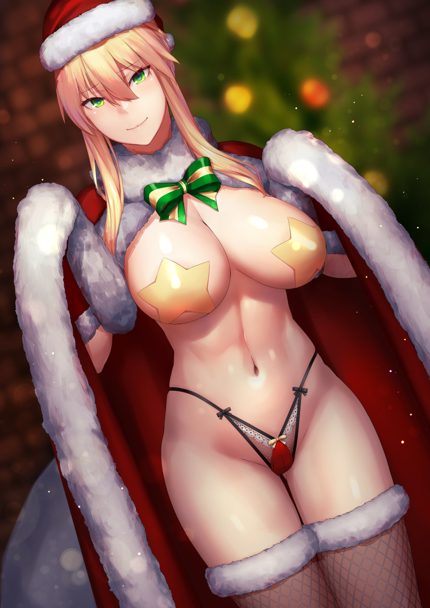 1girl absurdres artoria_pendragon_(all) artoria_pendragon_(lancer) bangs bare_shoulders bikini bikini_bottom blonde_hair blurry blurry_background blush breasts cape christmas_tree covered_nipples fate/grand_order fate_(series) fishnet_legwear fishnets fur_trim green_eyes hair_between_eyes hat highleg highres kageshio_(276006) large_breasts long_hair looking_at_viewer navel pasties red_cape red_headwear santa_costume santa_hat sidelocks smile star_pasties swimsuit thighhighs