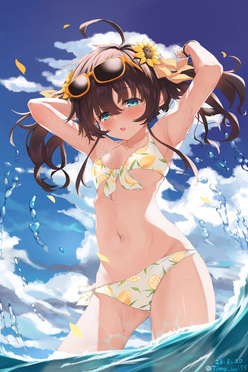 1girl absurdres ahoge alternate_costume alternate_hairstyle armpits arms_up bare_legs bikini blue_eyes blue_sky blush breasts brown_hair cleavage cloud cloudy_sky commentary cowboy_shot dated day droplets eyebrows_visible_through_hair eyewear_on_head flower hair_between_eyes hair_flower hair_ornament hair_ribbon highres hololive lemon_print looking_at_viewer medium_hair midriff natsuiro_matsuri navel open_mouth orange-framed_eyewear orange_ribbon outdoors plaid plaid_ribbon ribbon side-tie_bikini sky small_breasts solo sunflower sunflower_hair_ornament sunglasses swimsuit thighs timo_wei95 twintails twitter_username virtual_youtuber wading wet white_bikini