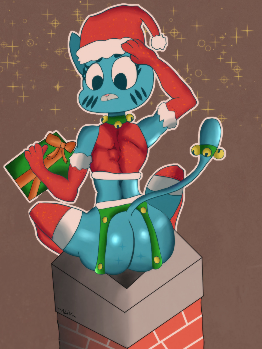 3:4 aliv141 anthro butt cartoon_network chimney christmas christmas_clothing christmas_headwear christmas_stocking clothed clothing domestic_cat felid feline felis female headgear headwear hi_res holidays mammal nicole_watterson solo the_amazing_world_of_gumball