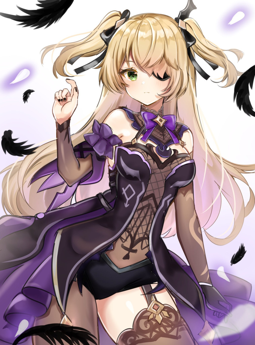 1girl bare_shoulders black_dress black_nails blonde_hair bow bowtie breasts brown_legwear cowboy_shot detached_collar detached_sleeves dress eyepatch feathers fischl_(genshin_impact) fishnets garter_straps genshin_impact gloves green_eyes hair_over_one_eye hair_ribbon hand_up highres katsushika_pachi long_hair long_sleeves looking_at_viewer medium_breasts nail_polish revealing_clothes ribbon single_glove single_leg_pantyhose single_thighhigh solo standing thighhighs two_side_up