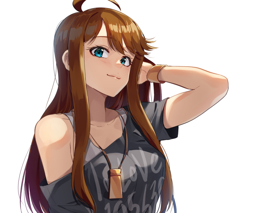 1girl ahoge bangs black_shirt blue_eyes bra_strap bracelet brown_hair closed_mouth clothes_writing commentary hand_in_hair idolmaster idolmaster_million_live! jewelry kamille_(vcx68) long_hair looking_at_viewer necklace off_shoulder portrait shirt sidelocks simple_background smile solo t-shirt tokoro_megumi white_background