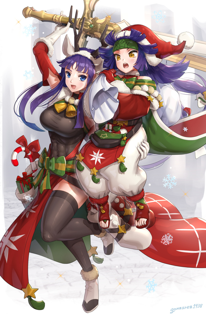 2girls abs altina animal_ears bell black_bodysuit blue_eyes blush bodysuit boots bow box breasts candy candy_cane cape carrying_over_shoulder commentary covered_navel detached_sleeves fake_animal_ears fire_emblem fire_emblem_heroes food full_body fur-trimmed_boots fur-trimmed_gloves fur_trim gift gift_bag gift_box gloves gonzarez green_bow green_cape hat headband highres holding holding_person holding_sword holding_weapon large_breasts long_hair looking_at_another looking_down multiple_girls official_alternate_costume open_mouth pants pom_pom_(clothes) purple_hair red_footwear red_headwear sanaki_kirsch_altina sandals santa_costume santa_hat signature skin_tight smile snowflakes star_(symbol) stocking_stuffer sword tabard tassel thighhighs thighs waist_cape weapon white_footwear white_gloves white_pants yellow_eyes