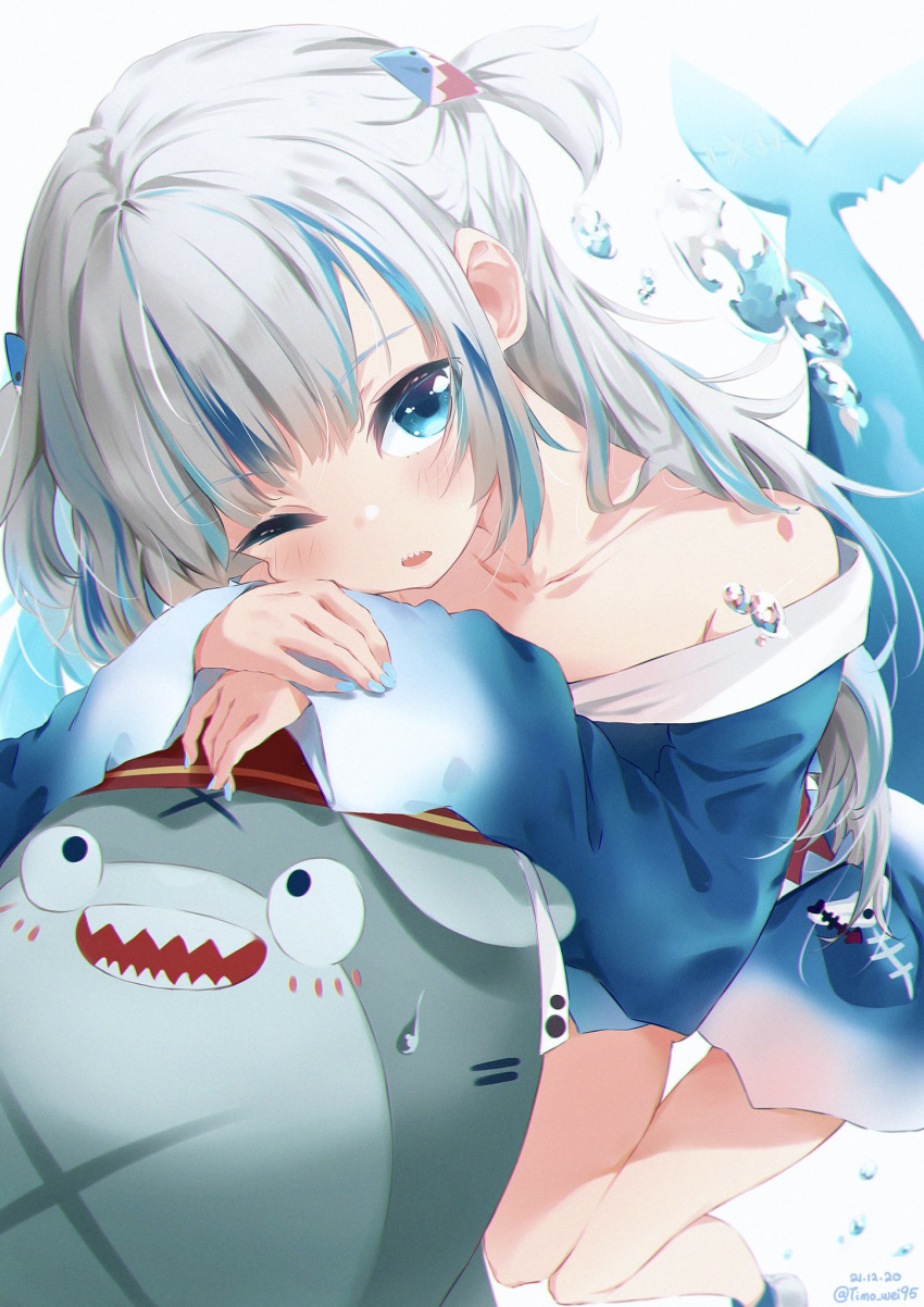 1girl animal_hood arm_rest bloop_(gawr_gura) blue_eyes blue_hair blue_hoodie blue_nails blush commentary dared droplets english_commentary eyebrows_visible_through_hair fish_tail gawr_gura hair_ornament hands_together highres hololive hololive_english hood hoodie long_hair looking_at_viewer multicolored_hair nail_polish off_shoulder one_eye_closed open_mouth shark_hair_ornament shark_hood shark_tail sharp_teeth short_twintails silver_hair simple_background streaked_hair sweatdrop tail teeth timo_wei95 twintails twitter_username two_side_up virtual_youtuber white_background