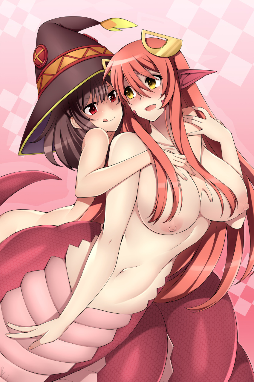 alina_pegova breast_hold crossover kono_subarashii_sekai_ni_shukufuku_wo! megumin miia_(monster_musume) monster_musume_no_iru_nichijou naked nipples pointy_ears tail