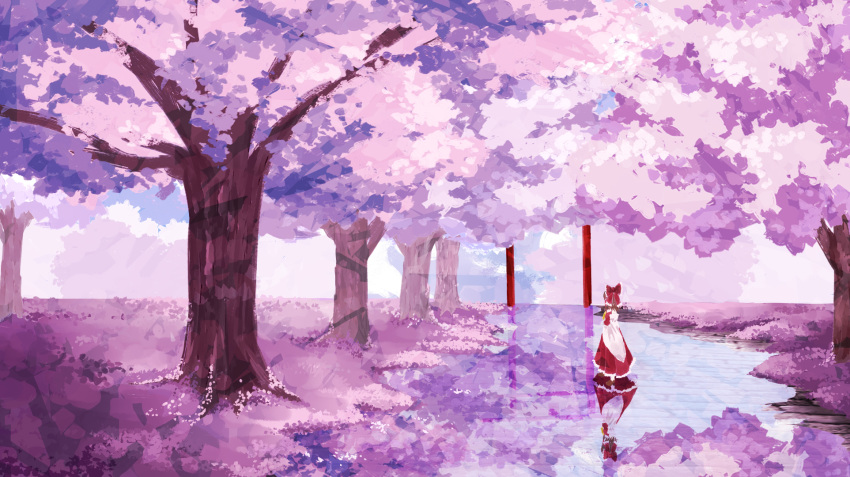 1girl brown_hair cherry_blossoms commentary cravat day detached_sleeves facing_away from_side hair_ribbon hakurei_reimu highres ln_(xhds7875) long_skirt outdoors ponytail red_skirt red_vest reflective_floor ribbon short_hair skirt sleeves_past_fingers sleeves_past_wrists solo spring_(season) standing stone_walkway torii touhou tree vest wide_shot yellow_neckwear