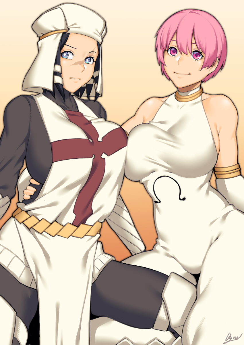 2girls absurdres arrow_(en'en_no_shouboutai) asymmetrical_docking bare_shoulders black_bodysuit black_hair blue_eyes bodysuit breast_press breasts closed_mouth commentary_request detached_sleeves dress dyun en'en_no_shouboutai highres holding_another kasugatani_inca large_breasts looking_to_the_side multiple_girls pelvic_curtain pink_eyes pink_hair robe short_hair smile symbol-shaped_pupils white_dress white_headwear white_robe