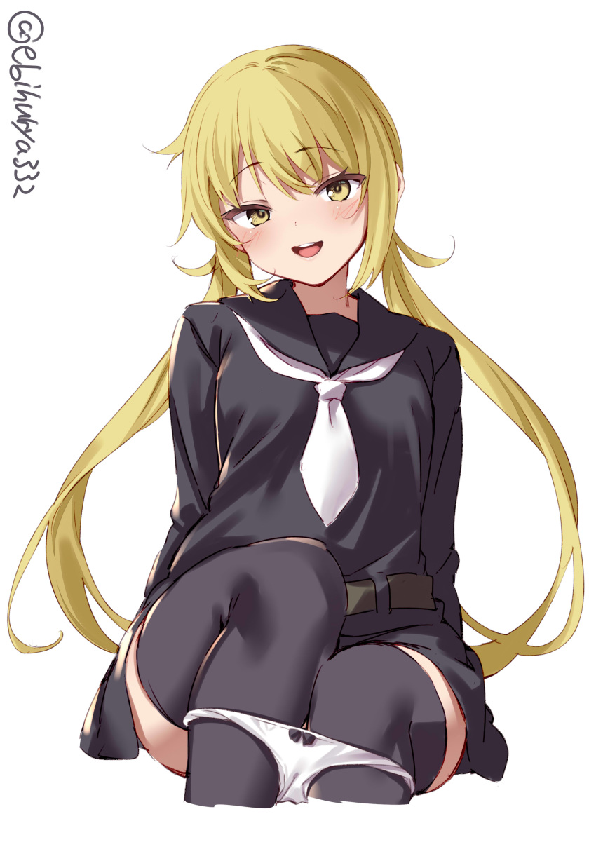 1girl absurdres black_legwear black_serafuku black_skirt blonde_hair blush crescent crescent_moon_pin ebifurya eyebrows_visible_through_hair hair_between_eyes highres kantai_collection long_hair looking_at_viewer neckerchief necktie open_mouth panties panty_pull satsuki_(kantai_collection) school_uniform serafuku simple_background sitting skirt smile solo thighhighs twintails twitter_username underwear white_background white_neckwear white_panties