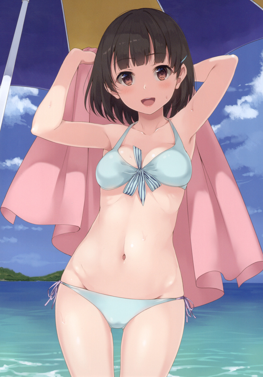 1girl :d absurdres arms_up bangs beach_umbrella bikini black_hair blue_bikini blue_sky blush bow bowtie breasts brown_eyes cleavage cloud cloudy_sky collarbone day eyebrows_visible_through_hair hair_ornament hairclip highres holding lips looking_at_viewer medium_breasts navel ocean open_mouth original outdoors pink_towel scan shiny shiny_hair short_hair side-tie_bikini simple_background sky smile solo stomach striped swimsuit thighs towel umbrella unasaka_ryou water water_drop wet