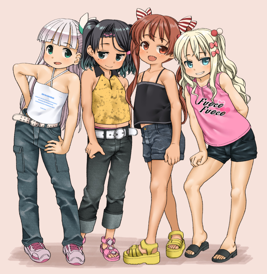 4girls alternate_costume bangs belt black_footwear black_hair blonde_hair blue_eyes blunt_bangs brown_eyes brown_hair clothes_writing denim denim_shorts eyebrows_visible_through_hair fang grecale_(kantai_collection) green_eyes hair_ribbon halterneck hand_on_hip harukaze_unipo highres jeans kantai_collection libeccio_(kantai_collection) long_hair maestrale_(kantai_collection) mole mole_under_eye multiple_girls open_mouth pants pink_background pink_footwear ribbon sandals scirocco_(kantai_collection) shirt shoes short_twintails shorts simple_background sleeveless sleeveless_shirt smile sneakers standing tan tank_top twintails white_hair yellow_footwear