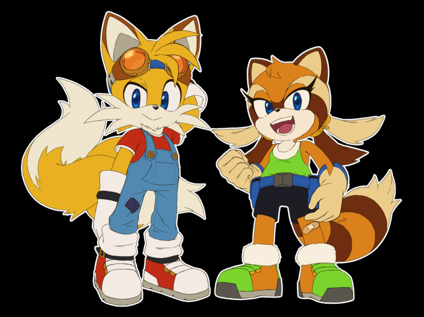 2020 anthro bandage blue_eyes canid canine clothing duo eyewear female footwear fox fur gloves goggles goggles_on_head handwear male mammal marine_the_raccoon miles_prower nowykowski7 open_mouth open_smile procyonid raccoon simple_background smile sonic_the_hedgehog_(series) teeth video_games