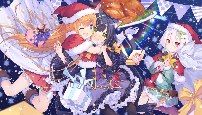 3girls :d animal_ears arms_up bag bangs bare_legs black_hair black_legwear blue_background blue_eyes boots bow box candy candy_cane capelet cat_ears cat_hair_ornament cat_tail christmas closed_mouth commentary detached_sleeves dot_nose dress embarrassed feet_out_of_frame flower flustered food fur_trim garland_(decoration) gift gift_box gloves green_dress green_eyes hair_between_eyes hair_bow hair_flower hair_ornament hat heart highres hug karyl_(princess_connect!) kokkoro_(princess_connect!) long_hair looking_at_another looking_at_viewer low_twintails multicolored_hair multiple_girls one_eye_closed open_mouth orange_bow orange_hair pantyhose pecorine_(princess_connect!) plate poppy_(poppykakaka) princess_connect! princess_connect!_re:dive purple_dress red_capelet red_eyes sack santa_costume santa_hat seiza shiny shiny_hair short_hair simple_background sitting sleeveless sleeveless_dress smile snowflakes star_(symbol) streaked_hair tail turkey_(food) twintails very_long_hair white_footwear white_gloves white_hair wide_sleeves