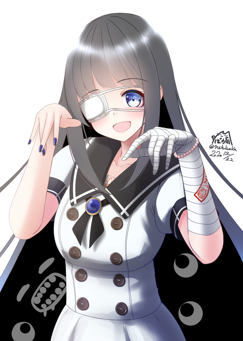 1girl bandages bangs blue_eyes breasts commentary_request dress grey_hair highres long_hair looking_at_viewer nekobaka open_mouth original school_uniform simple_background solo