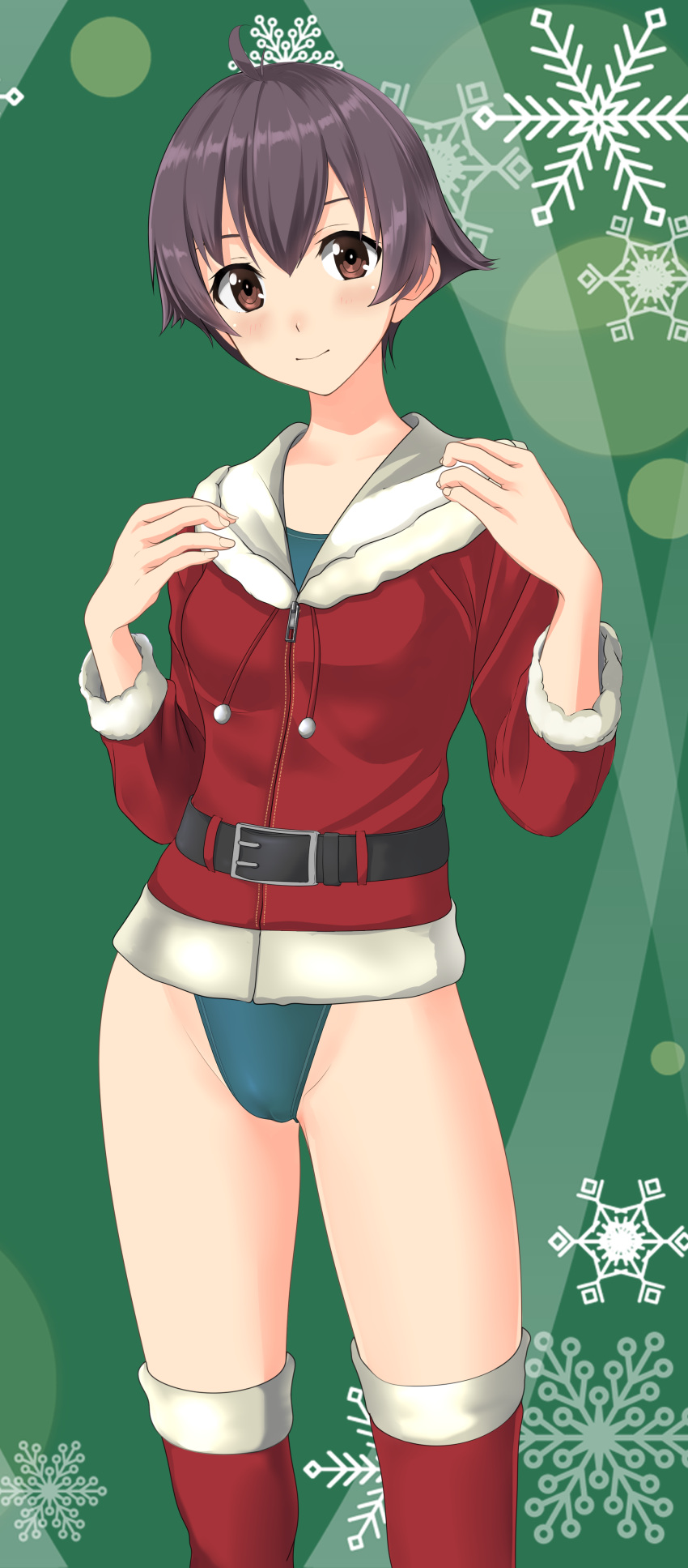 1girl absurdres ahoge black_hair brown_eyes cowboy_shot fur-trimmed_jacket fur-trimmed_legwear fur_trim green_background green_swimsuit highres jacket kantai_collection looking_at_viewer official_alternate_costume red_jacket red_legwear sakawa_(kantai_collection) short_hair snowflake_background solo standing swimsuit swimsuit_under_clothes takafumi thighhighs