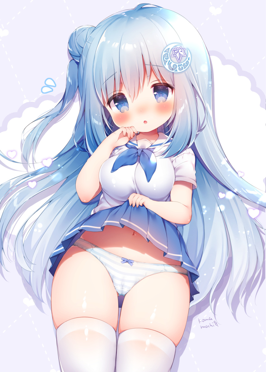 1girl ass_visible_through_thighs blue_eyes blue_hair blue_skirt blush breasts clothes_lift hair_bun hair_ornament hairclip hand_to_own_mouth highres lifting_own_clothes long_hair miniskirt momozu_komamochi navel one_side_up open_mouth original panties school_uniform serafuku shirt short_sleeves single_hair_bun skindentation skirt skirt_lift solo striped_clothes striped_panties thigh_gap thighhighs thighs underwear white_panties white_shirt white_thighhighs