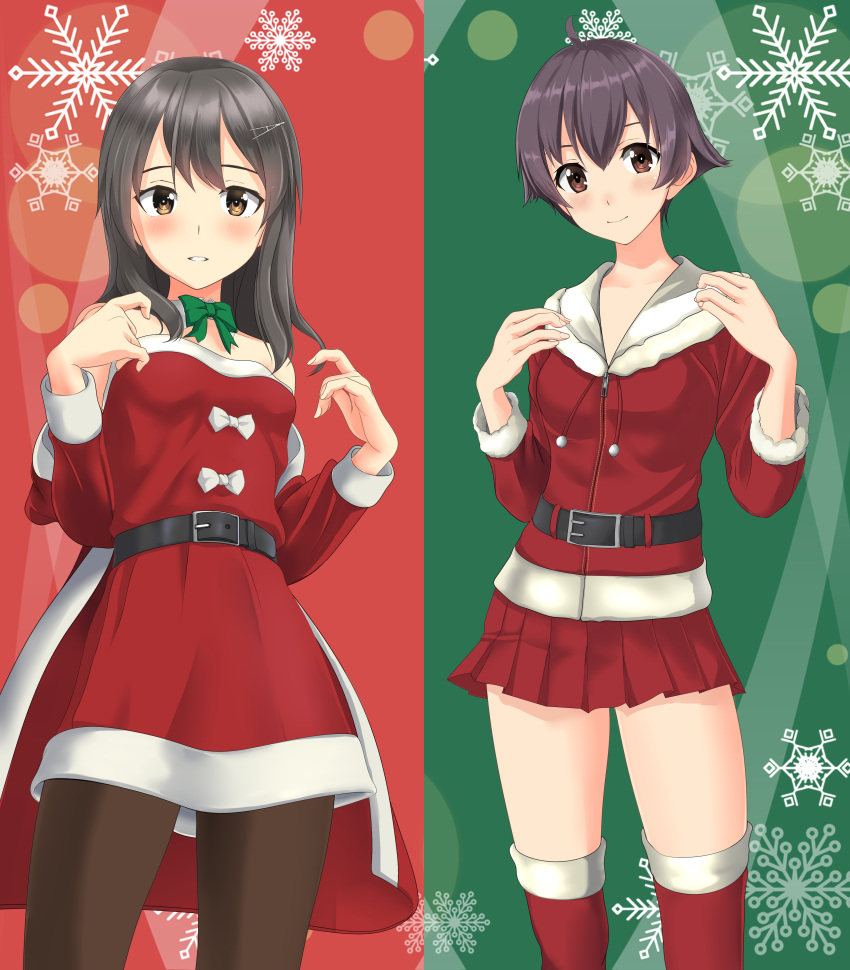 2girls absurdres ahoge belt black_hair black_legwear bow bowtie brown_eyes coat cowboy_shot detached_collar dress fur-trimmed_coat fur-trimmed_dress fur-trimmed_jacket fur-trimmed_legwear fur_trim green_background green_neckwear hair_ornament hairclip highres jacket kantai_collection looking_at_viewer multiple_girls official_alternate_costume oyashio_(kantai_collection) pantyhose parted_lips pleated_skirt red_background red_coat red_dress red_jacket red_legwear red_skirt sakawa_(kantai_collection) short_hair skirt snowflake_background split_theme standing takafumi thighhighs