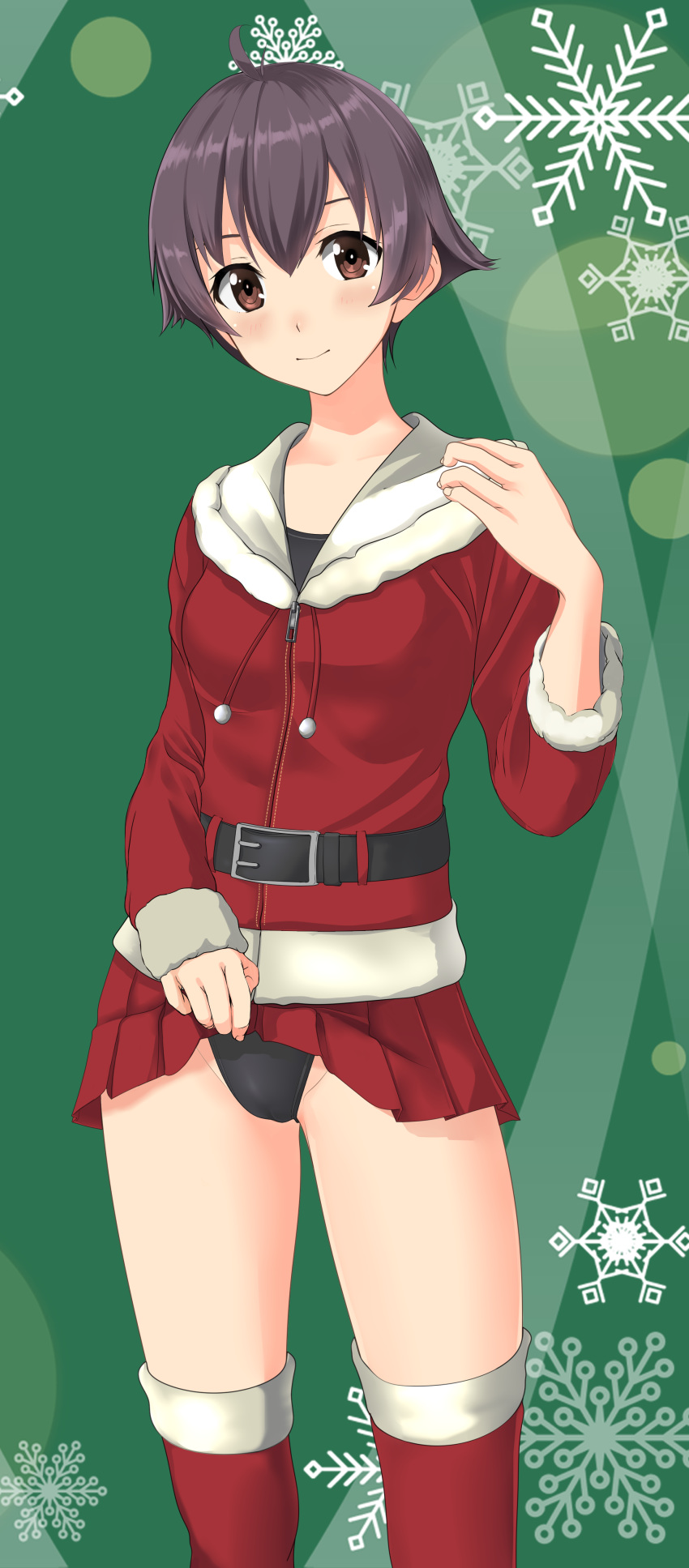 1girl absurdres ahoge black_hair black_swimsuit brown_eyes cowboy_shot fur-trimmed_jacket fur-trimmed_legwear fur_trim green_background highres jacket kantai_collection looking_at_viewer official_alternate_costume pleated_skirt red_jacket red_legwear red_skirt sakawa_(kantai_collection) short_hair skirt skirt_lift snowflake_background solo standing swimsuit swimsuit_under_clothes takafumi thighhighs